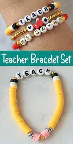 Beaded Mom Bracelet, Polymer Clay Teacher Bracelet, Teacher Appreciation Bracelet Ideas, Team Diy Crafts, Heishi Bracelet Ideas Teacher, Cute Clay Bead Bracelet Designs, Heishi Bracelet Ideas Diy, Beaded Bracelet With Words, Pencil Bracelet Diy