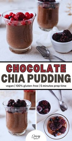 chocolate chia pudding in small glass bowls with spoons and bowl full of cherries