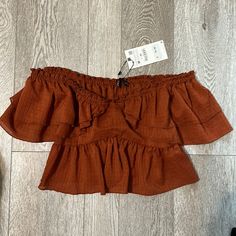 Brand New With Tag Summer Brown Blouse For Brunch, Summer Day Out Brown Blouse, Brown Ruffled Top For Summer, Brown Summer Blouse For Beach, Zara Brown Blouse For Spring, Brown Summer Blouse, Zara Brown Top For Day Out, Brown Zara Blouse For Summer, Light Blue Crop Top