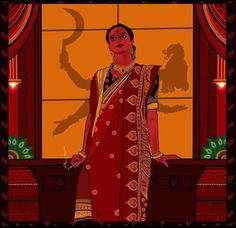 a woman standing in front of a window wearing a red and gold sari dress