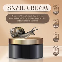 the snail cream is on top of a round container with information about its benefits and uses