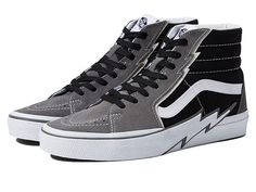 Vans Sk8-Hi Bolt - Shoes : Pewter/Black : Level up your street style by wearing the cool and casual Vans Sk8-Hi Bolt Shoes. Leather and textile upper. Textile lining and insole. Classic lace-up closure. Thunderbolt detailing along with the eyelets and bumper. Reinforced toe caps. Supportive padded collars. Signature rubber waffle outsole with high traction and durability. Imported. Measurements: Weight: 1 lb 2 oz. Shaft: 4 ½ in. Measurements: Weight: 1 lb 2 oz Shaft: 4 1 2 in Product measurement Casual Lace-up Canvas Shoes For Outdoor, Trendy Canvas High-top Sneakers For Streetwear, Urban Lace-up Canvas Shoes For Streetwear, Vans Lace-up Canvas Shoes, Urban Canvas Shoes With Round Toe For Streetwear, Casual Canvas High-top Sneakers For Streetwear, Casual Lace-up Canvas Shoes For Streetwear, Trendy Gray Lace-up Sneakers, Outdoor Lace-up Canvas Shoes