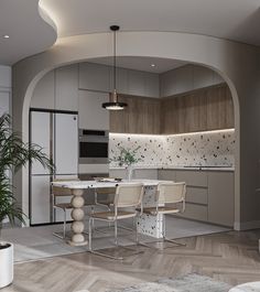 a modern kitchen and dining room are shown in this image, with an archway leading into the living area