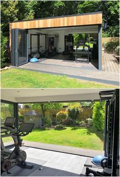 two pictures showing the inside and outside of a garage with sliding glass doors on both sides