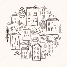 hand drawn houses and trees in the shape of a circle on a white background stock photo