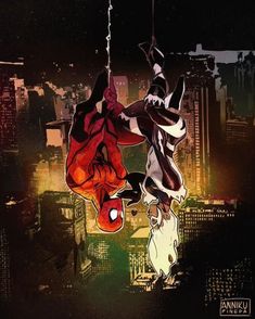 a spider - man hanging upside down in the air over a cityscape at night