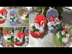 several pictures of santa claus ornaments hanging on a christmas tree ornament with bells and bows