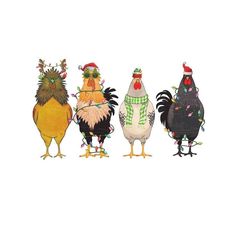 four chickens are standing in a row with christmas decorations on their heads and arms, all dressed up