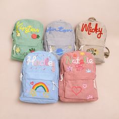 The design of each backpack takes into account your child, adding a touch of charm and uniqueness to their daily adventures. These backpacks are made with love and care, carrying not only essentials but also personality. Make your child's imagination soar, as they proudly carry a backpack with their name written on it, making it their true special property. These personalized backpacks are perfect for school, outings, or any fun day, and will definitely bring a smile to children. Please select the desired backpack color from the list. Please use a "personalized box" to indicate the name of the baby to be decorated 1.Pls provide the baby's name. 2. Select the yarn color. 3.If you would like to include designs as depicted, Please click: https://www.etsy.com/listing/1747739477/add-on Please s Trendy Bags For End Of School Year Events, Cute Bags With Letter Embroidery For Everyday Use, Cotton School Backpack For Back To School, Cute Cotton Backpack For Back To School, Cute Cotton Backpack For Everyday Use, Embroidered Backpack For Everyday And Back To School, Cute Everyday Cotton Backpack, Trendy Embroidered School Backpack, Cute Canvas Bags For Back To School