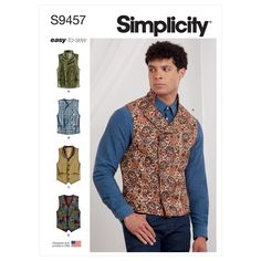 a man wearing a vest and shirt with paisley print on it, in front of an advertisement