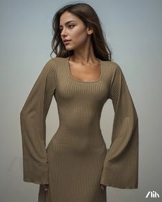 Zlily - Fashionable Loose-Fit Collar Back-Strap Long Sleeve Dress Square Neck Stretch Bodycon Dress For Brunch, Stretch Square Neck Bodycon Dress For Brunch, Chic Fall Dress With Scoop Neck, Khaki Dress, Skirt Skirt, Waist Circumference, U Neck, Types Of Skirts, Collar Dress