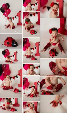 a collage of photos shows a baby in red and black outfits, holding balloons