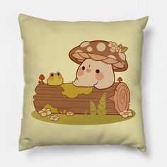 a pillow with an image of a mushroom sitting on top of a log and two little birds