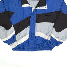 Item is in good used condition. >Size: L >Armpit To Armpit: 25" >Armpit To Cuff: 23" >Collar To Hem: 26" Blue Retro Outerwear For Sports Events, Casual Blue Outerwear For Sports Events, Casual Blue Sport Coat For Outdoor Activities, Blue Casual Sport Coat For Outdoor, Sporty Navy Sport Coat For Streetwear, Sporty Navy Sport Coat For Casual Wear, Blue Sports Windbreaker For Fall, Blue Sporty Outerwear For Outdoor Activities, Vintage Blue Outerwear For Sports