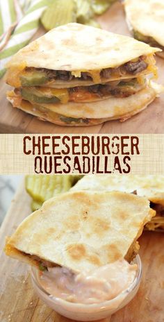 the cheeseburger quesadillas are stacked on top of each other and ready to be eaten