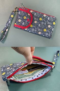 two images show the inside of a purse with money in it and an open wallet