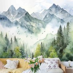 a living room filled with furniture and a painting on the wall above it's headboard