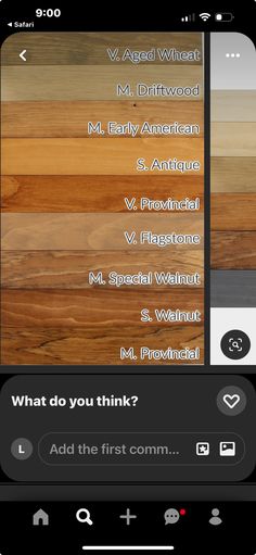 a cell phone with the words what do you think? and an image of wood