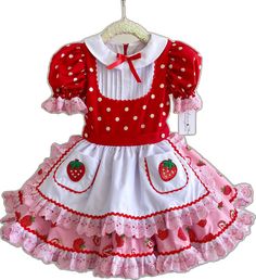 Sweet Summer Dresses For Costume Party, Sweet Fitted Dress For Costume Party, Cute Strawberry Print Dresses For Garden Party, Playful Red Dress For Garden Party, Cute Red Dress For Garden Party, Pink Strawberry Print Dress For Party, Cute Fitted Birthday Dress, Cute Fitted Dress For Birthday, Fun Red Birthday Dress