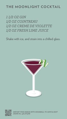 the moonlight cocktail poster with an image of a glass filled with liquid and garnish