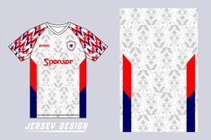 the new jersey design for stonor's soccer team is shown in red, white and blue