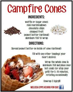 an ice cream cone with toppings on top and the words campfire cones written below it