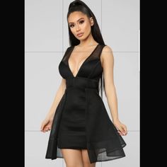 Fit And Flare Mini Dress, Deep V Neck, Padded Built In Bra Black Sheer V-neck Midi Dress, Spring V-neck Mesh Dress For Night Out, V-neck Mesh Dress For Night Out, Sheer V-neck Mini Dress For Date Night, Sheer V-neck Mini Dress For Night Out, V-neck Mesh Dress For Spring Night Out, Fit And Flare Mini Dress, Summer Cocktail Dress, All Black Dresses