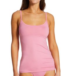 You'll love the soft comfort of this camisole with thin adjustable straps and a sleek, slim fit. Made from cotton and elastane. Low, scoop neckline has narrow elastic sewn in at the binding to prevent gaps. Thin spaghetti straps fully adjust in back with silvertone metal hardware. Straight back hits below the shoulder blades. Fitted. Straight hem comes to the hip, perfect for wearing untucked or tucked in. Wears well layered under your favorite tops or on its own. Interior tags. MADE IN GREEN by Straight Back, Lace Camisole, Tank Top Camisole, Metal Hardware, Rose Pink, Scoop Neckline, Lace Trim, Binding, Spaghetti Strap