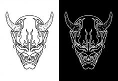 an animal's head in two different colors and black and white, one with horns