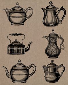 teapots and kettles are drawn in black ink on a beige linen background