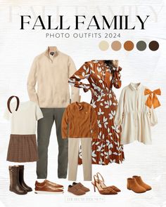 the fall family photo outfits is shown in brown and white, including an orange dress