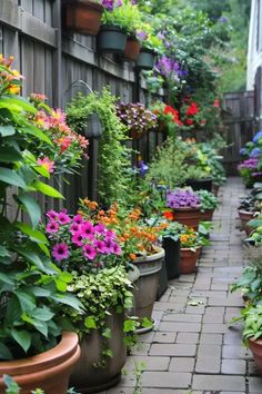 many potted plants are lined up along the side of a building with brick walkway