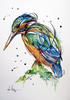 a drawing of a colorful bird sitting on top of a tree branch in watercolor