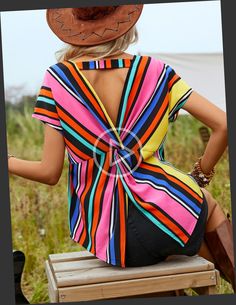 + Multicolor Casual Collar Short Sleeve Woven Fabric Colorblock...iped Top Embellished Non-Stretch Women Clothing, Summer Outfits Curvy, Modest Summer Outfits, Curvy Outfits, Batwing Sleeve, Summer Outfits Women, Outfits Aesthetic, Stripe Print, Women Clothing, Woven Fabric