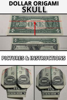 dollar origami skull with instructions to make it look like the money is being rolled up