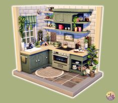 a small model kitchen with green cabinets and tile flooring is shown in this image