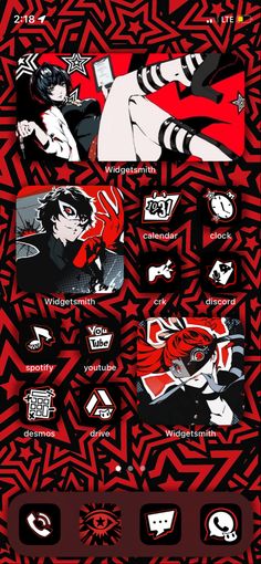 a red and black background with various stickers on it