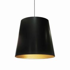 a black lamp hanging from a ceiling light fixture with a gold trim on the bottom