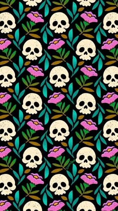 skulls and flowers on a black background with pink, green and blue leaves in the foreground