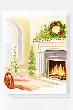 a watercolor painting of a fireplace with christmas decorations around it and a wreath on the mantle