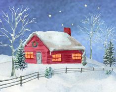 a painting of a red house on a snowy hill with trees and snowflakes