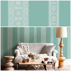 a living room with a couch, table and wallpaper in shades of teal