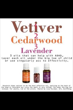 adhd help Young Living Oils Recipes, Living Oils Recipes, Vetiver Essential Oil, Essential Oil Remedy, Oil Remedies, Essential Oils Health, Yl Essential Oils, Living Essentials Oils, Young Living Oils