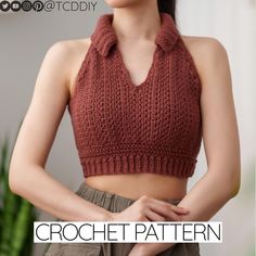 there is a woman wearing a cropped top and skirt with the words crochet pattern on it