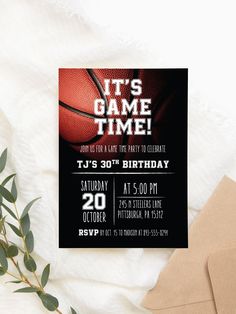 an image of a birthday party card with a basketball on the front and it's game time