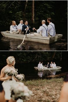 the bride and groom are sitting in a row boat