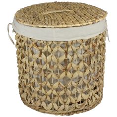 a woven basket with white lining on the top and bottom, sitting in front of a white background