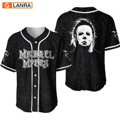 a black baseball jersey with the image of michael myers on it and spider webs