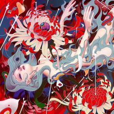 an abstract painting with red, white and blue flowers in the center on a black background