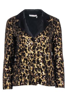 Show off your fierce fashion with shimmering sequins from Alice & Olivia! The dazzling "Keir" blazer top is adorned with black and brown sequins, creating a playful leopard pattern. A satin notched lapel and button front design lend a sophisticated feel to this sparkling stunner. Perfect for adding a layer of glitz and glam to any look! Size XS Shell 100% Polyester Lining 94% Polyester, 6% Elastane Combo 75% Triacetate, 25% Polyester Button front closure Satin notched lapel Buttoned cuffs Bust 36" Waist 36" Shoulder to hem 23" Sleeve length 21.5" Glamorous Black Sequined Blazer, Black Sequined Blazer For Night Out, Glamorous Party Blazer With Contrast Sequin, Glamorous Black Party Season Blazer, Black Party Blazer, Glamorous Black Blazer For Party, Glamorous Fall Party Blazer, Glamorous Blazer For Party Season And Night Out, Glamorous Blazer For Night Out And Party Season